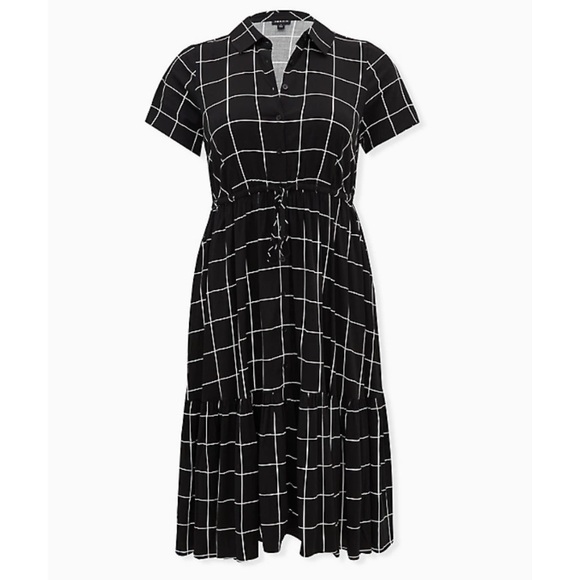 Torrid Dresses & Skirts - BLACK GRID CHALLIS BUTTON FRONT DRAWSTRING MIDI SHIRT DRESS size Large